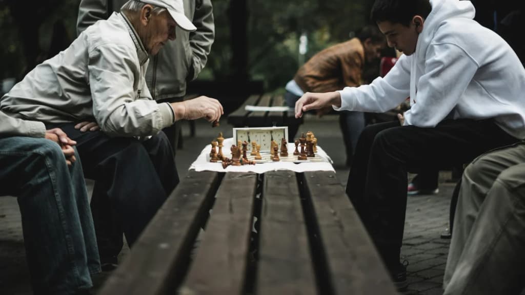 Elite chess players competing at a tournament, boards lined up under bright lights